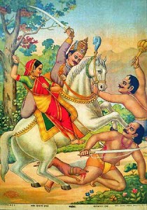 Khandoba and Mahalasa killing demons Mani-Malla. Lithograph by Chitrashala Press, Poona. Photo courtesy: Wikipedia Commons