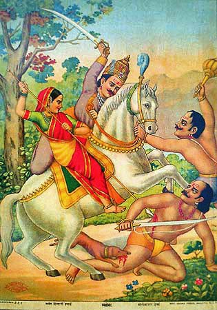Lord Khandoba and Shri Mahalasa killing demons Mani-Malla. Lithograph by Chitrashala Press, Poona. Photo courtesy: Wikipedia Commons