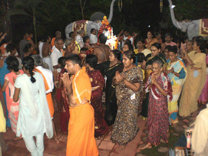 Ecstatic devotees go round Shri Mahalasa's Palakhi at Harikhandige.