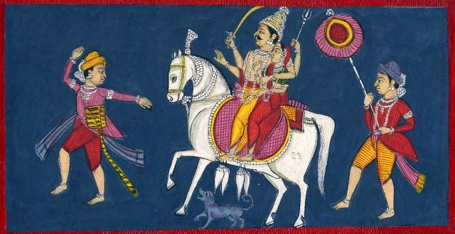 A painting of Lord Khandoba with Shri Mahalasa on horseback with attendants in tow